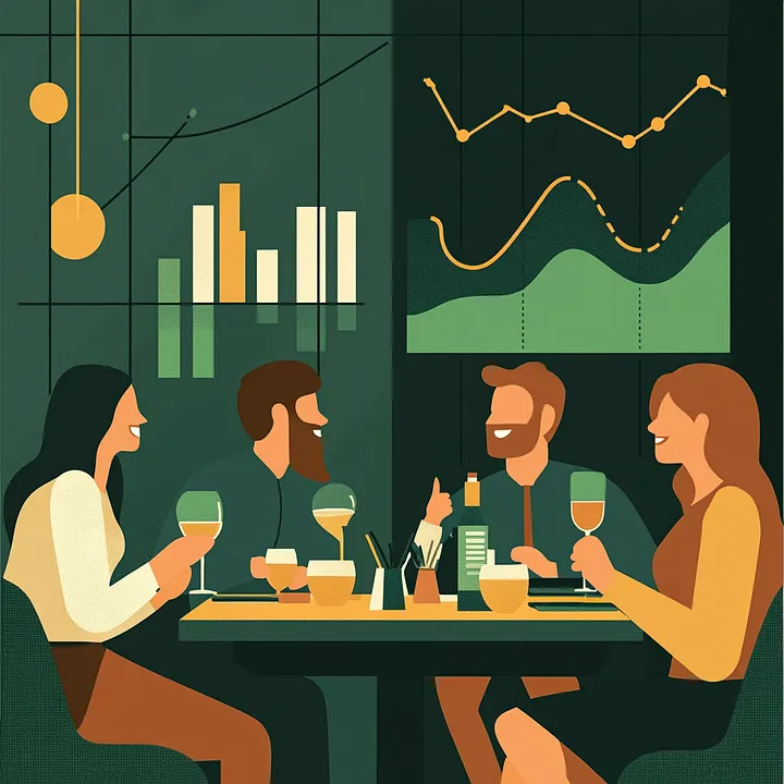 The image is a cartoon style illustration of four colleagues gathered around a dinner table, drinking wine and eating dinner together while discussing ideas and growth strategies (reflected in graphs on the wall above their heads). The reflects the concept of "people-centric leadership" within Biotechs.