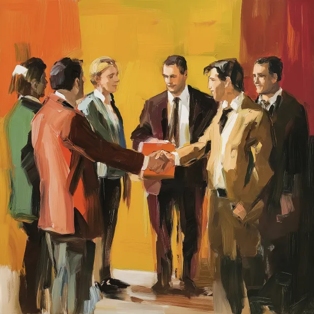 Recognition and reward in the workplace: the image depicts and illustration of a group of workers in suits standing against a red yellow and orange striped background. Two of the workers are shaking hands.