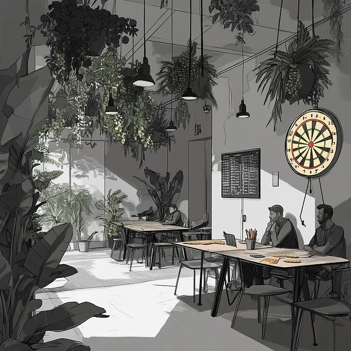 Workplace culture: the image is an illustration of a modern looking office filled with plants, with a large dartboard on the wall. However, it is mostly in greyscale, and the employees look fairly sombre - giving the impression that workplace culture is actually much more than just office perks.